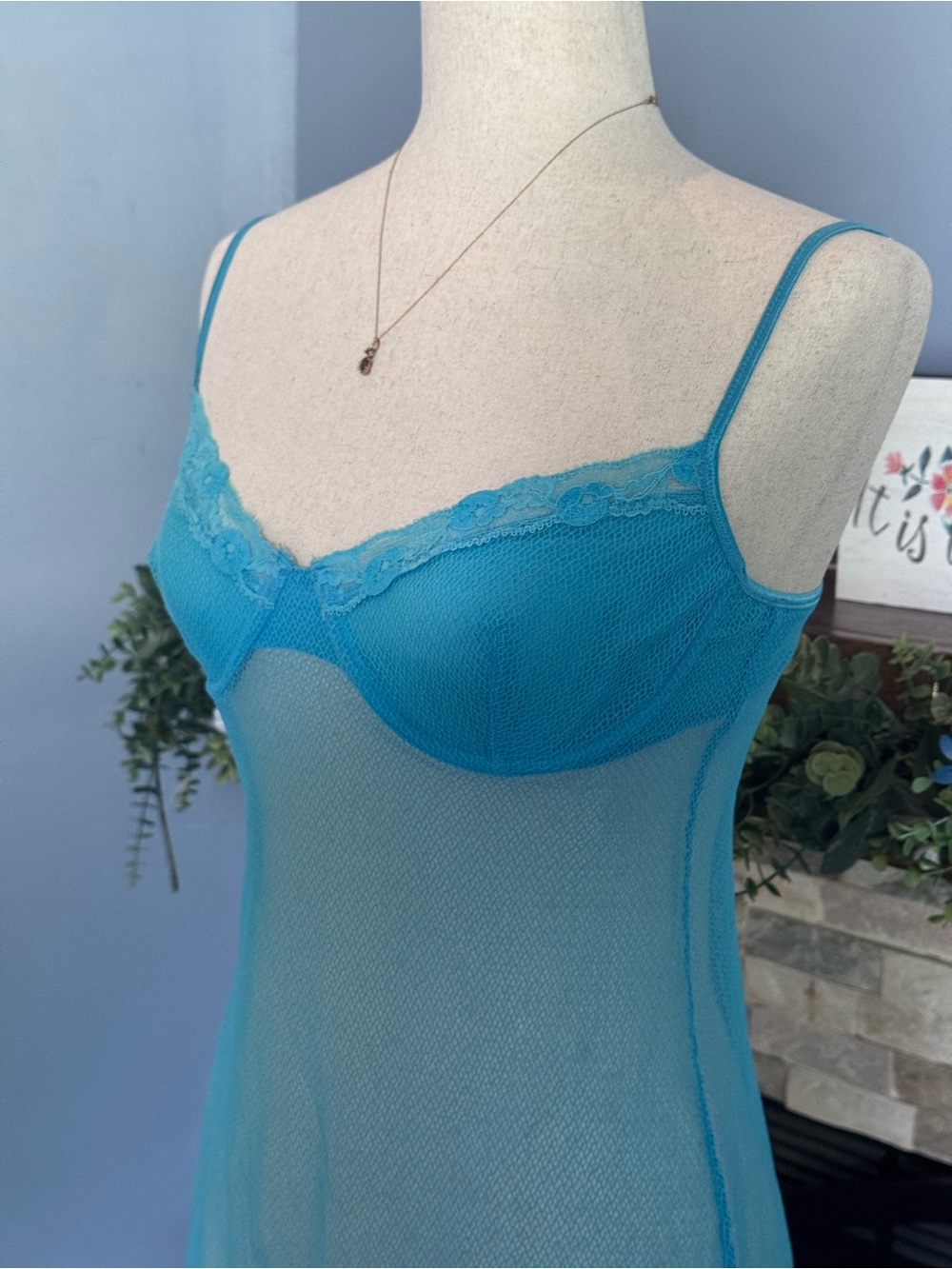 VTG Victoria’s Secret Aqua Blue Fishnet Underwire Babydoll Slip Dress 36C - Picture 3 of 11